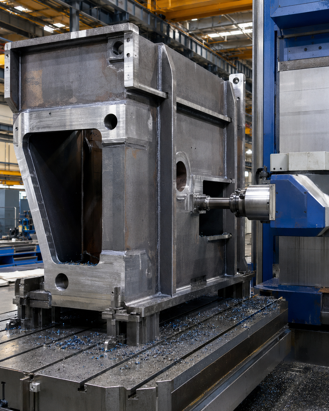 CNC machining of a large welded steel component at VHOFAB